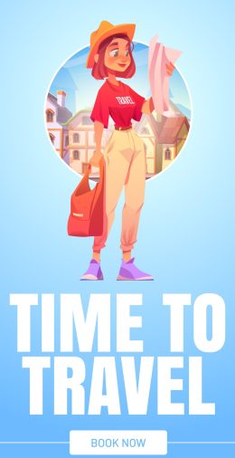 Time to travel poster with girl tourist with bag and map in foreign country. Vector flyer of vacation trip, international tourism with cartoon illustration of young woman traveler and city houses